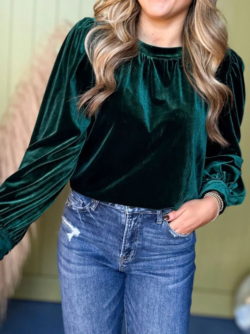 Ruched Round Neck Long Sleeve Blouse, image 3