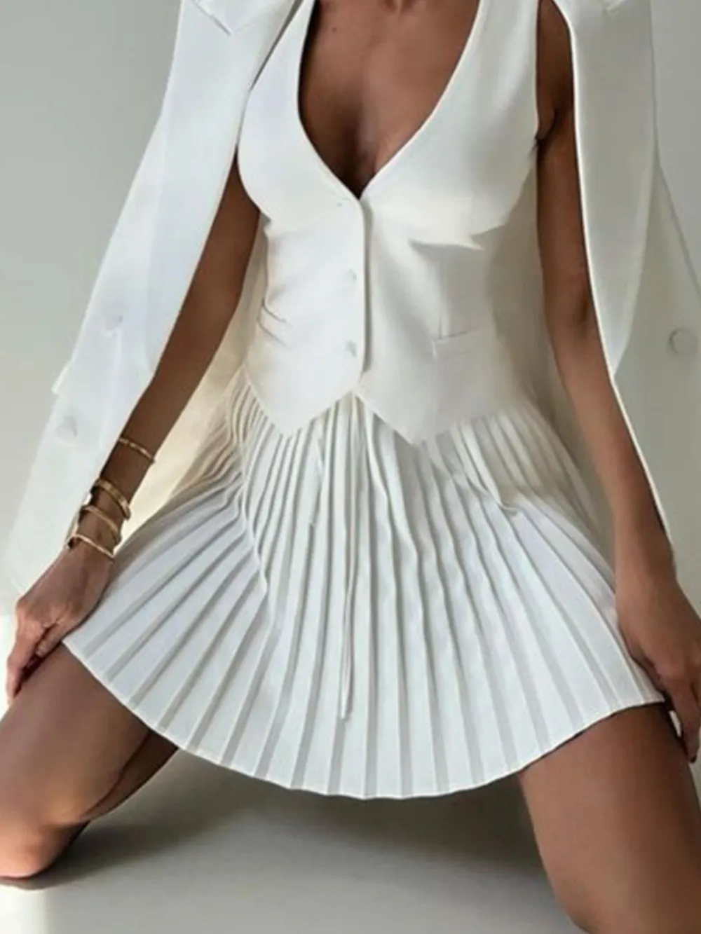 Button Up Vest and Pleated Mini Skirt Set, image 2