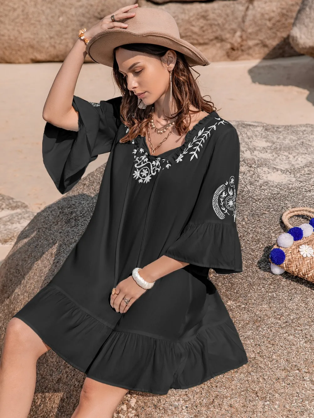 Printed Tie Neck Flounce Sleeve Mini Dress, image 11