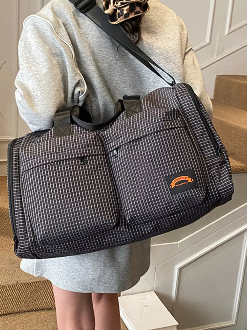 Plaid Duffel Bag with Multiple Pockets, image 8