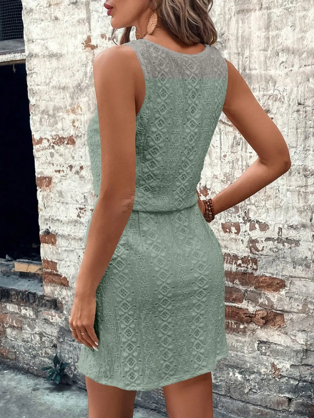 Eyelet Drawstring Round Neck Sleeveless Dress, image 13