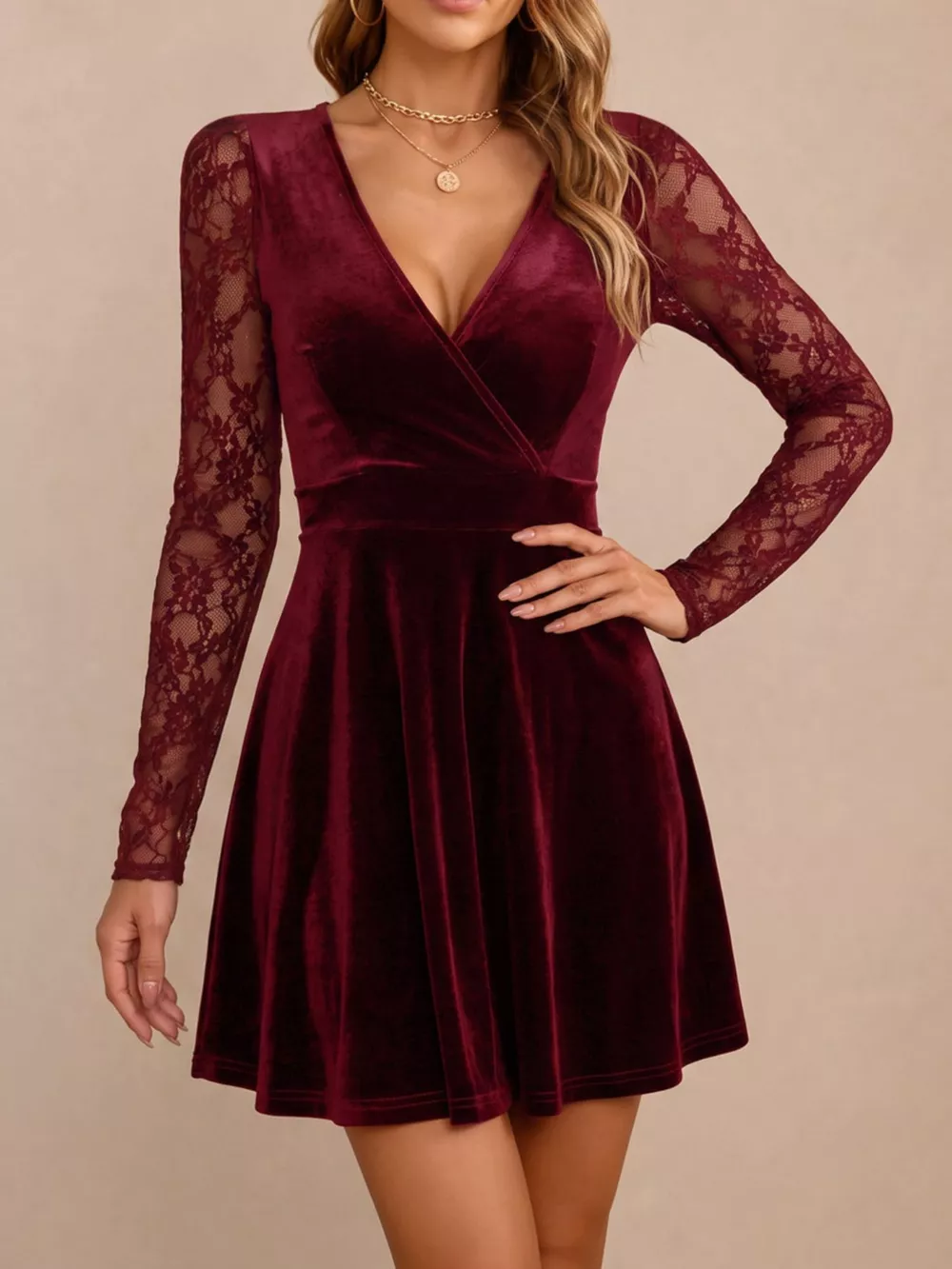 Velvet Lace Long Sleeve Mini Dress, image 3