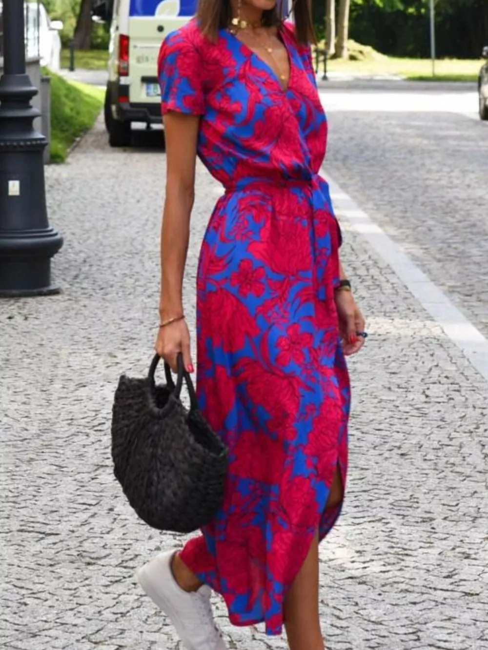 Full Size Slit Floral Print Short Sleeve Dress Plus Size, image 7