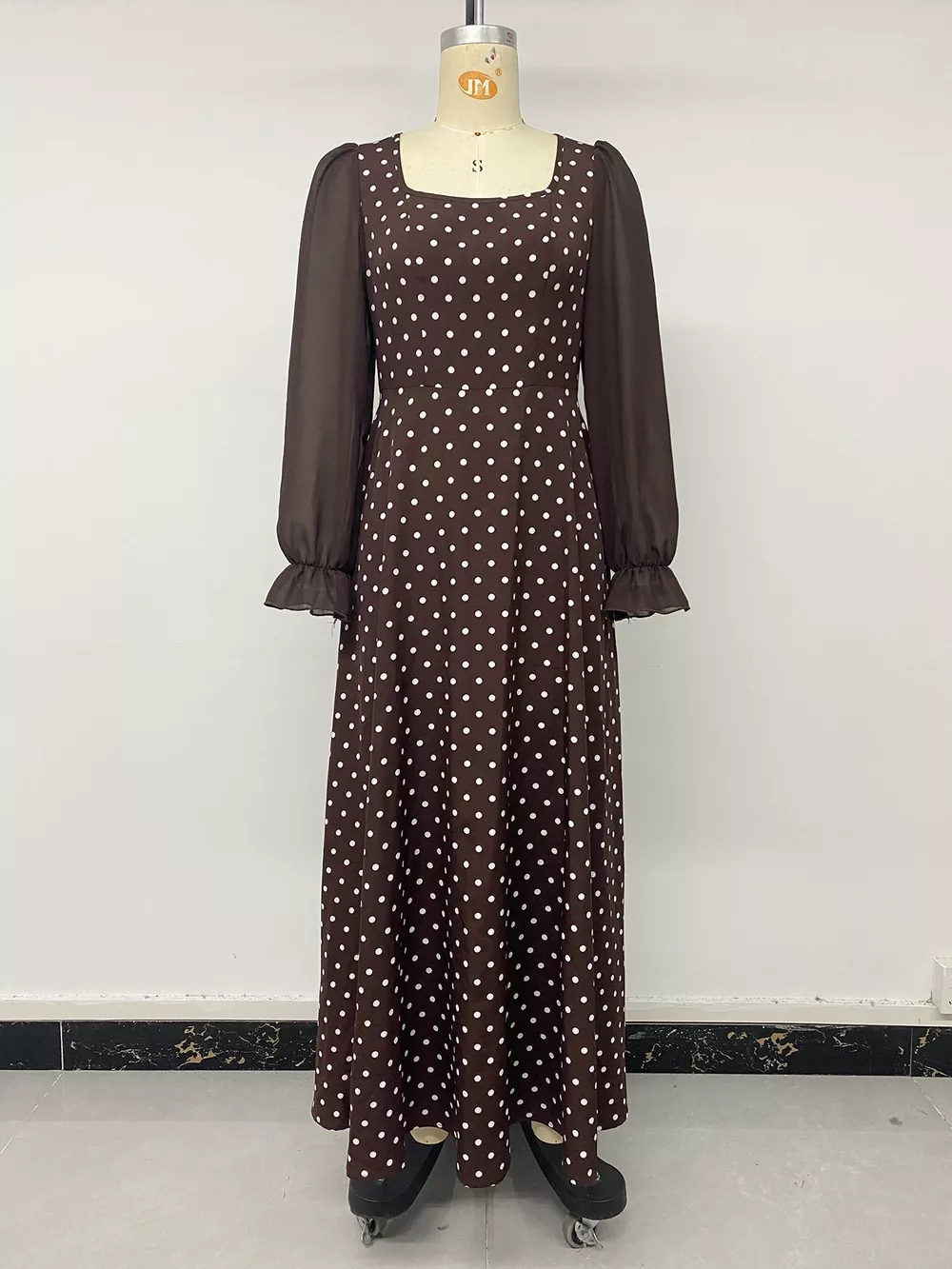 Polka Dot Square Neck Long Sleeve Maxi Dress, image 7