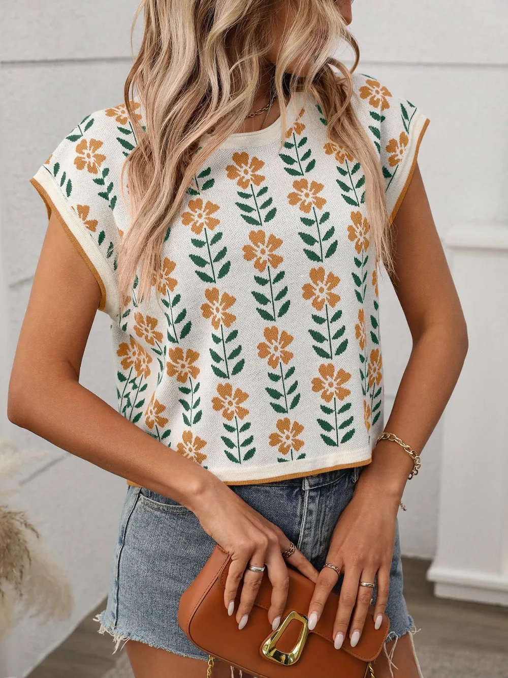 Flower Round Neck Short Sleeve Knit Top, image 6