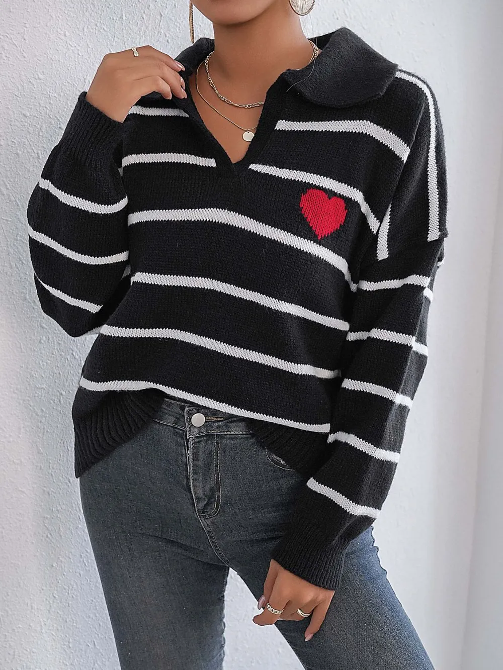 Striped Johnny Collar Long Sleeve Sweater, image 4