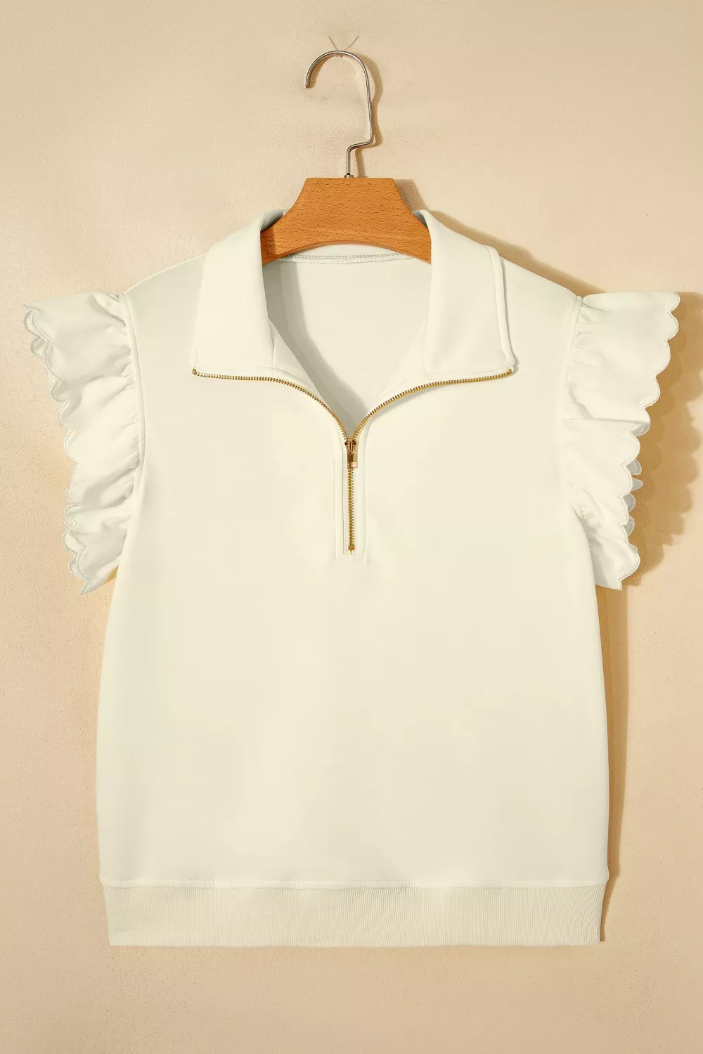 Zipped up Collared Ruffled Short Sleeve Blouse, image 3