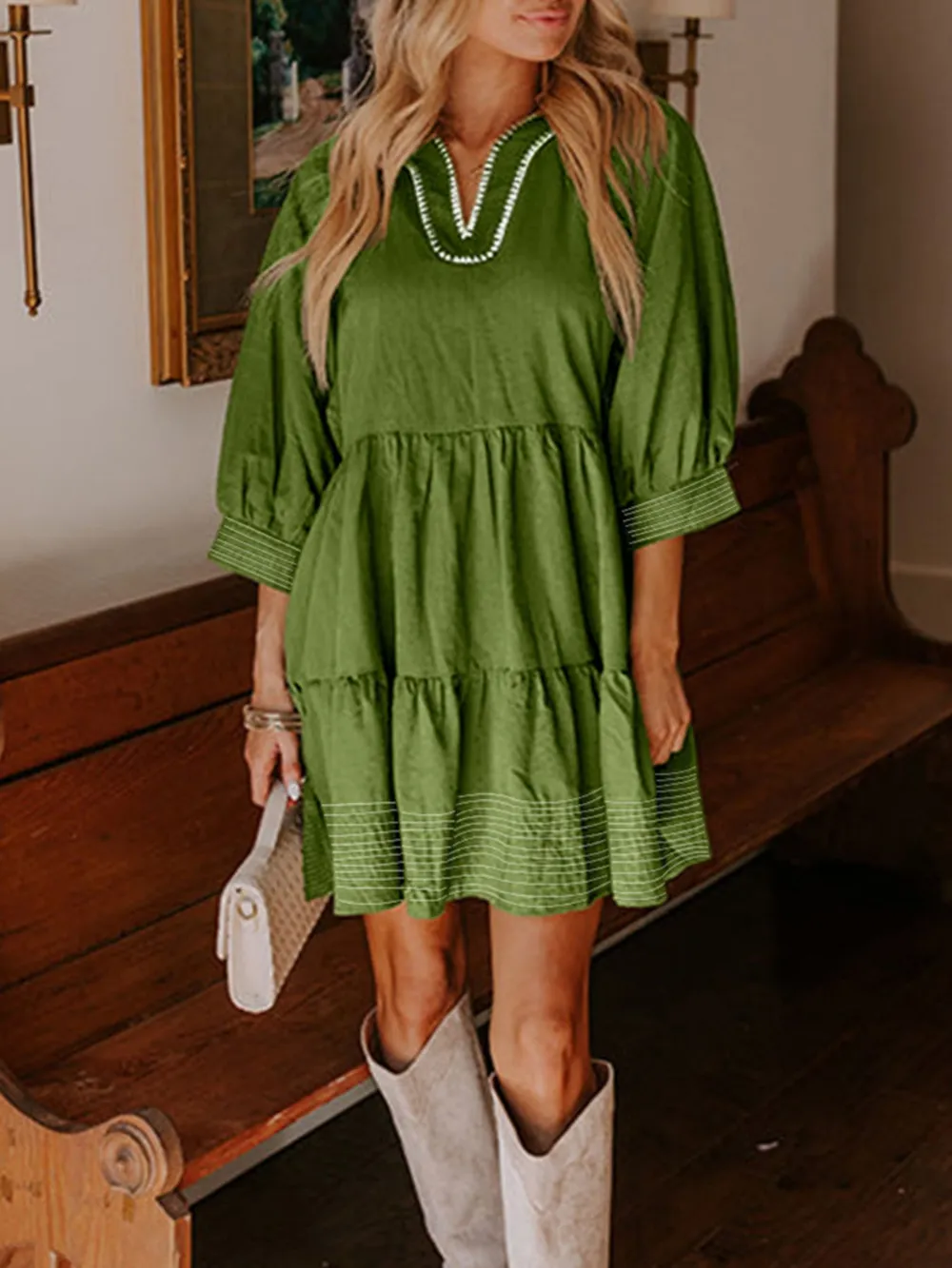 Striped Hem 3/4 Sleeve Tiered Dress, image 4