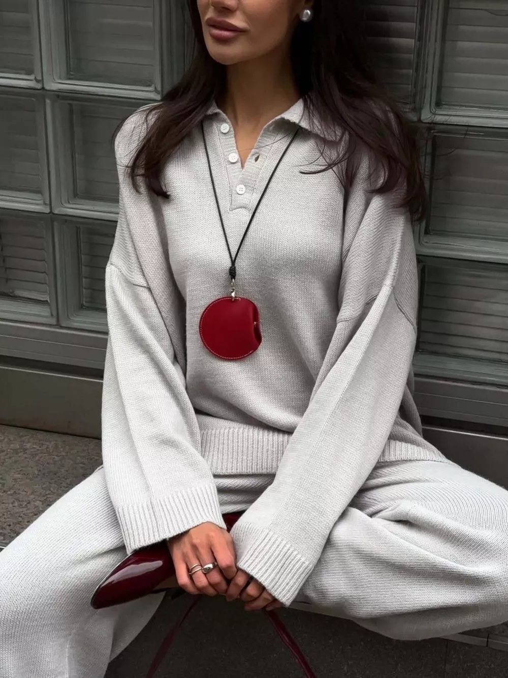 Polo Collar Top and Wide Leg Pants Knit Set, image 9
