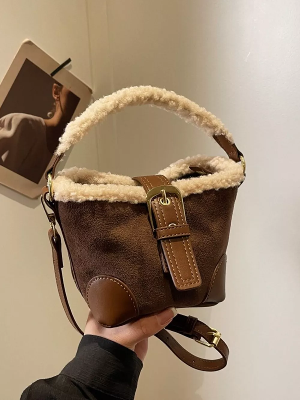 Fuzzy Trim Bucket Crossbody Bag, image 10