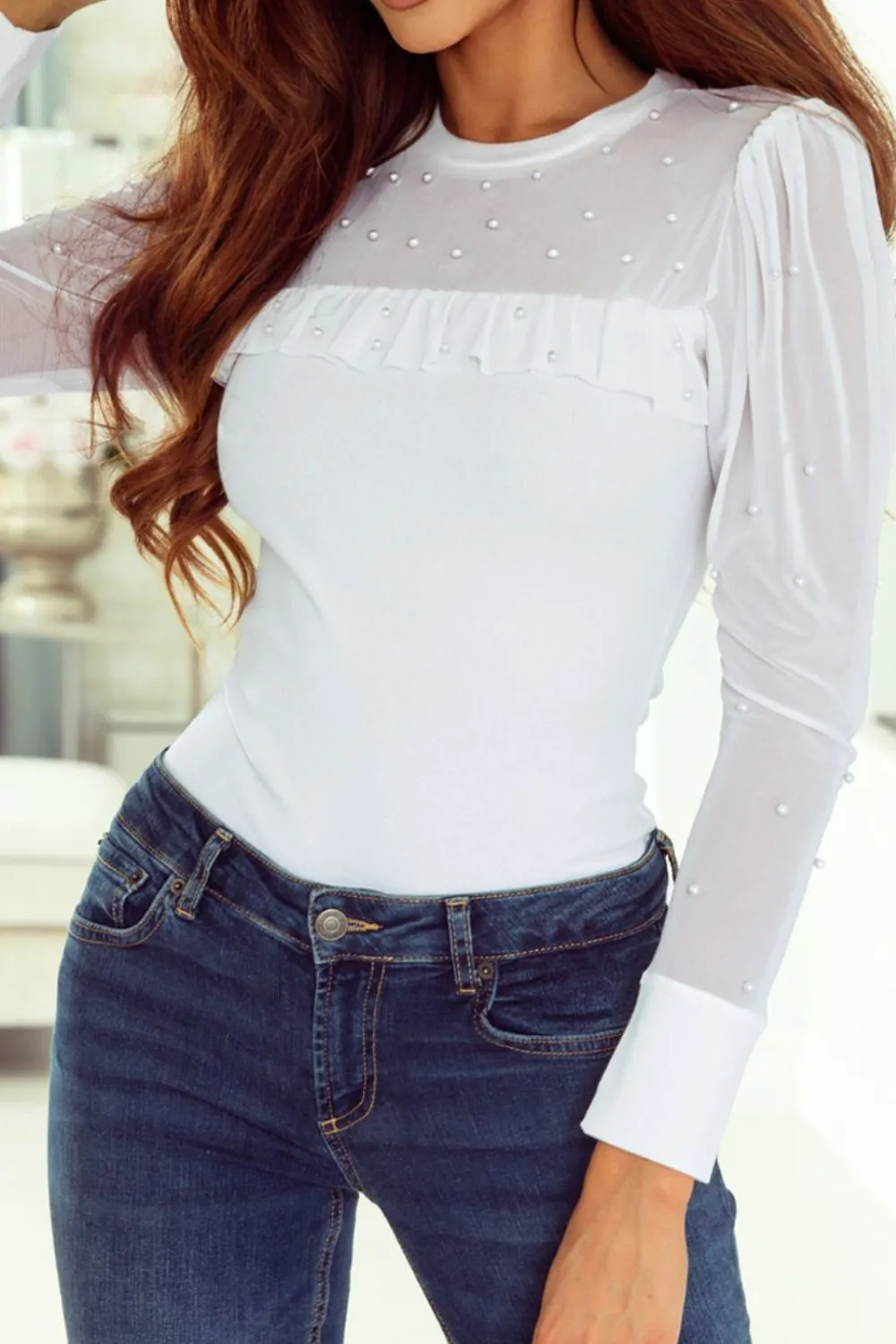 Pearl Decor Mesh Patchwork Ribbed Long Sleeve Top, image 4