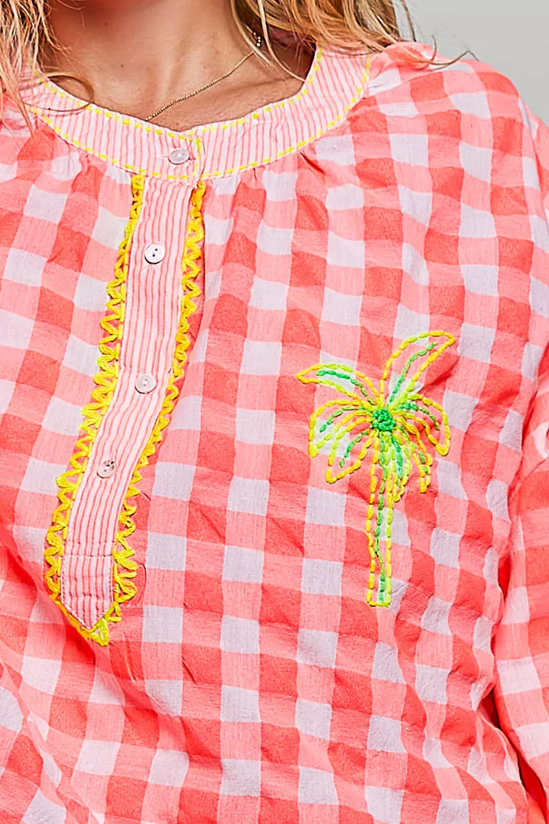 POL Gingham Embroidered Palm Tree Blouse, image 6
