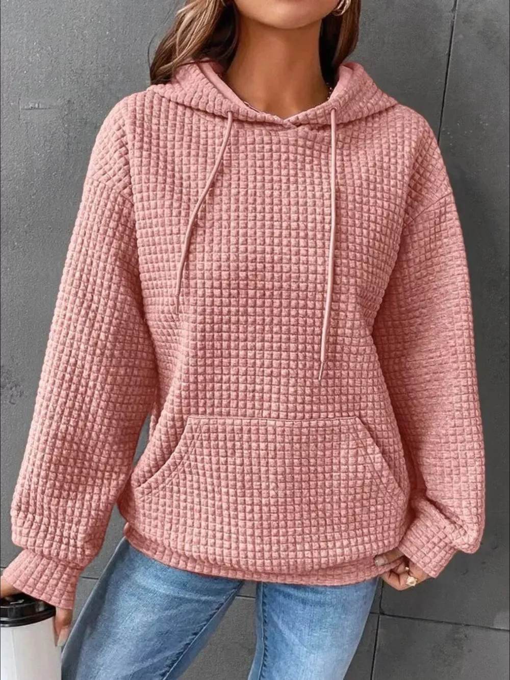 Full Size Textured Kangaroo Pocket Hoodie Plus Size, image 14