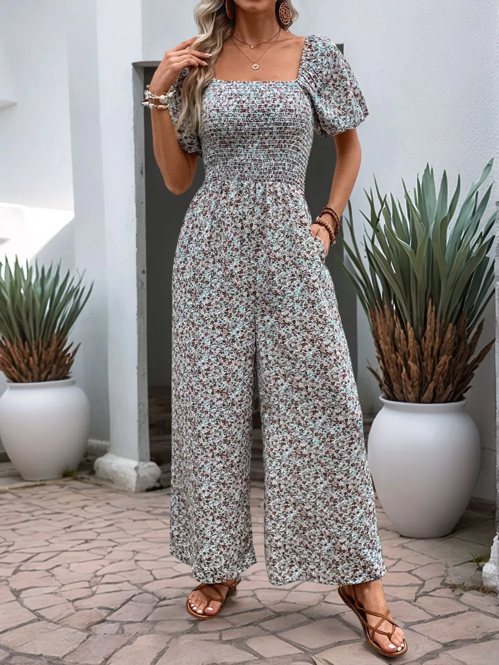 Ditsy Floral Smocked Square Neck Puff Sleeve Jumpsuit, image 7