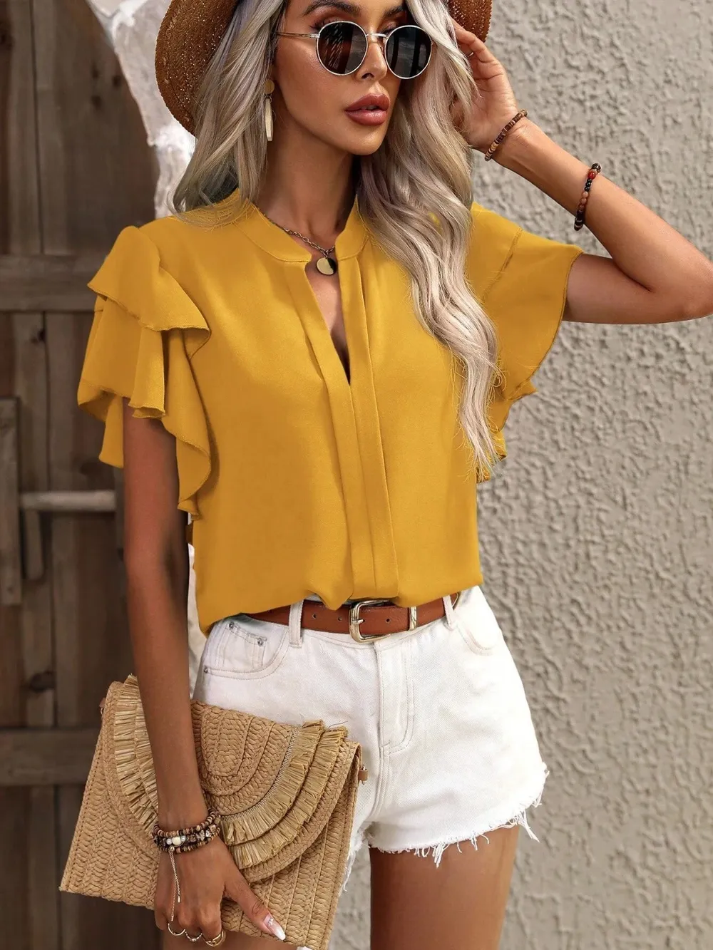 Ruffled Notched Short Sleeve Blouse, image 9