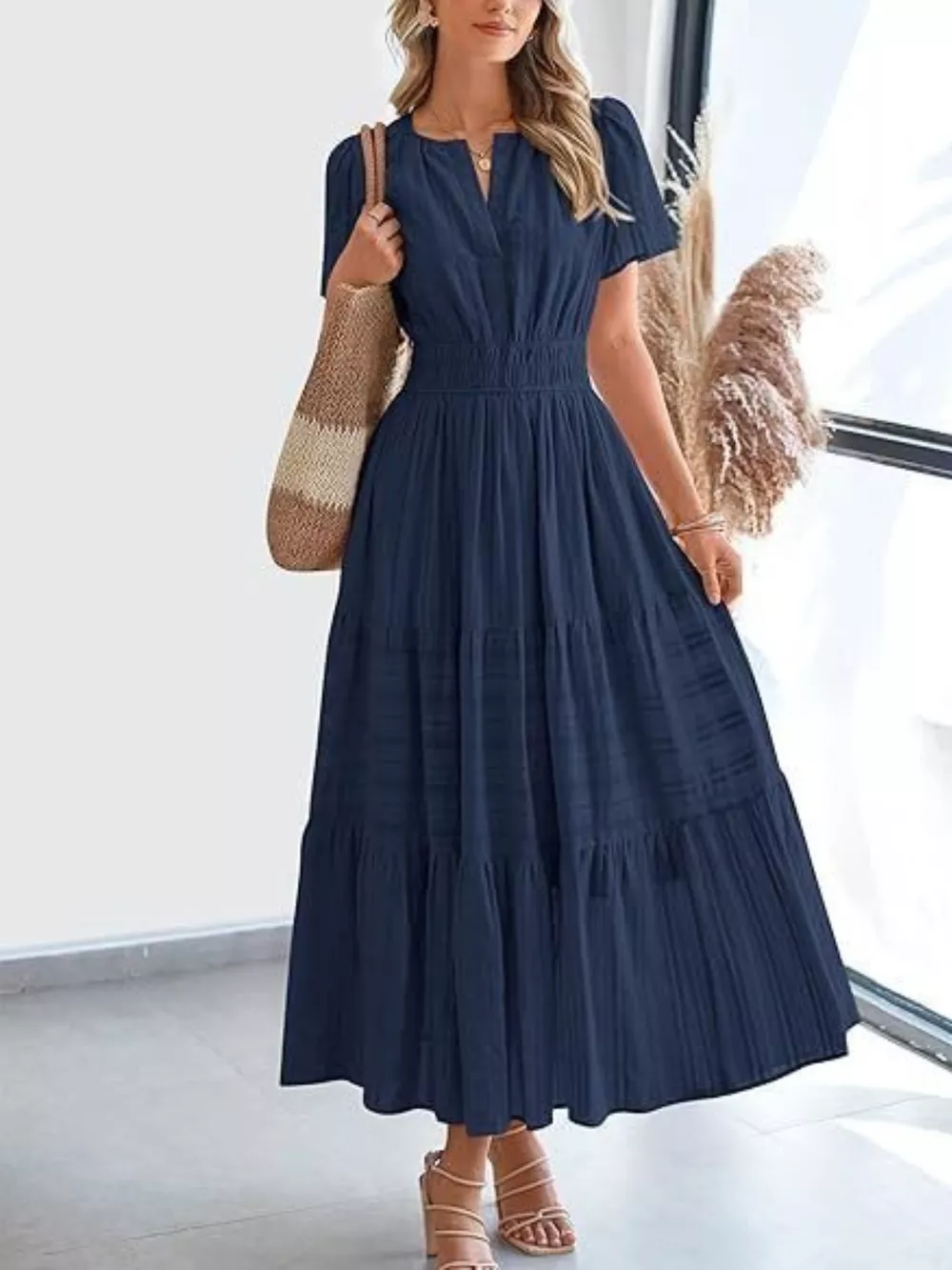 Notched Short Sleeve Tiered Dress