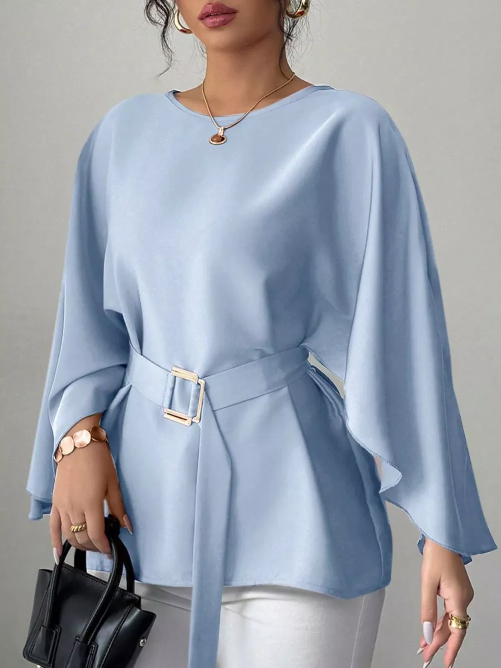 Round Neck Belt Batwing Sleeve Blouse, image 25