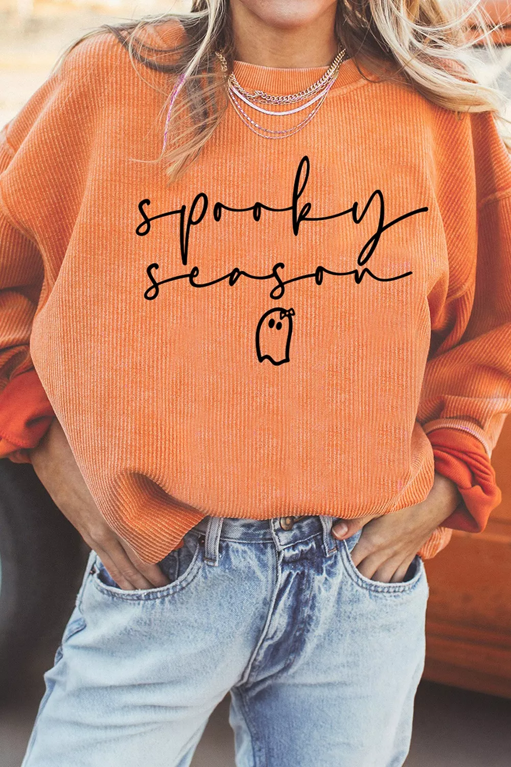 Spooky Season Ghost Letter Cozy Ribbed Pullover Sweatshirt, image 3
