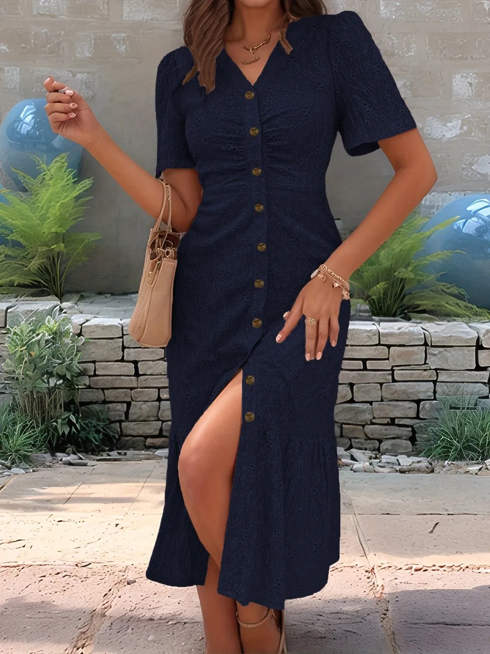 Eyelet Button Front V-Neck Midi Dress, image 9