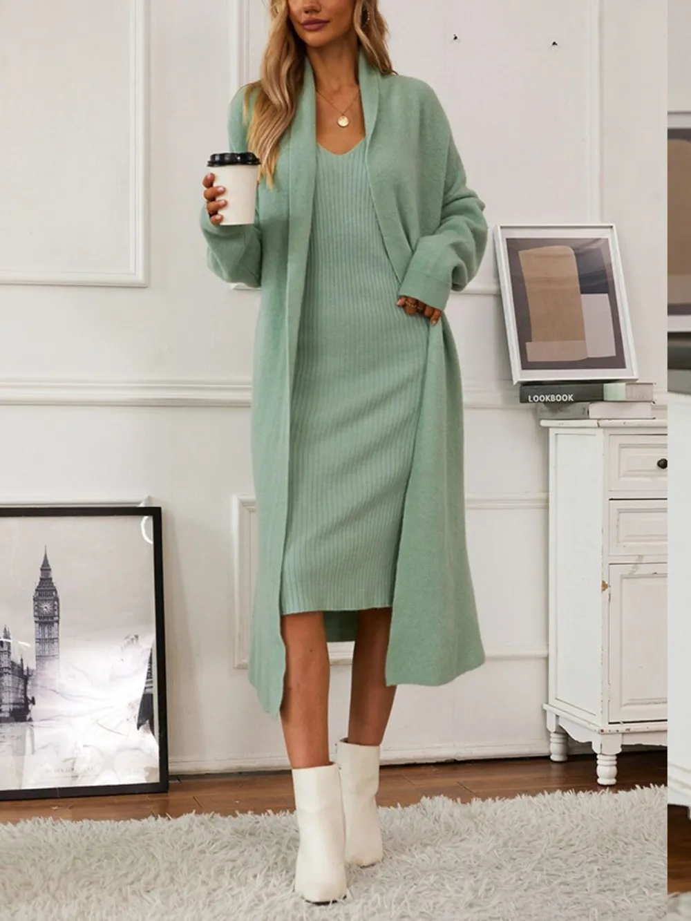 V-Neck Cami Dress and Open Front Cardigan Sweater Set, image 8