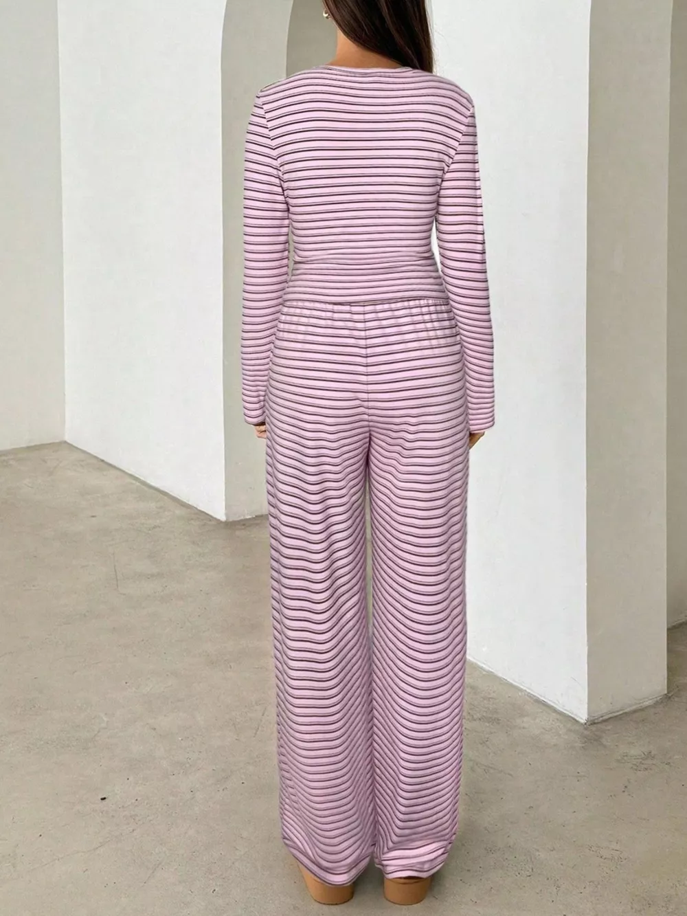 Striped Long Sleeve Crop Top and Wide Leg Pants Two-Piece Set, image 11