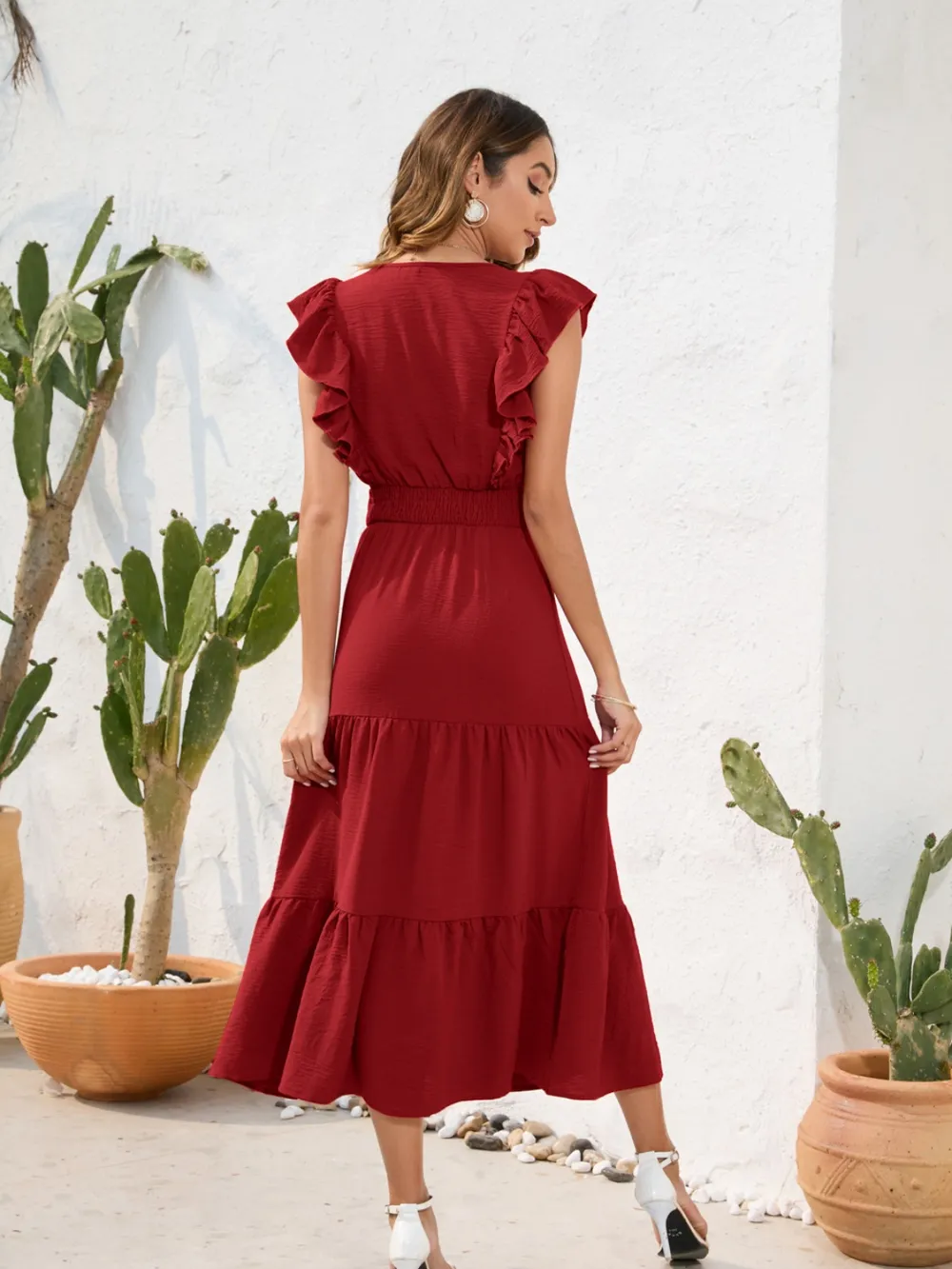Tiered Ruffled V-Neck Cap Sleeve Dress, image 3