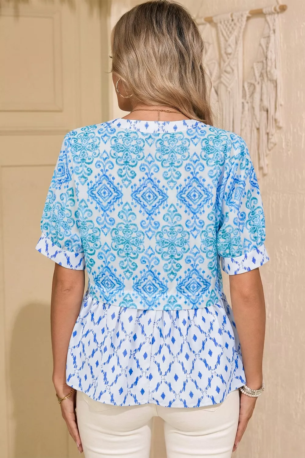 Floral Geometric Patchwork Short Puff Sleeve Babydoll Blouse, image 2