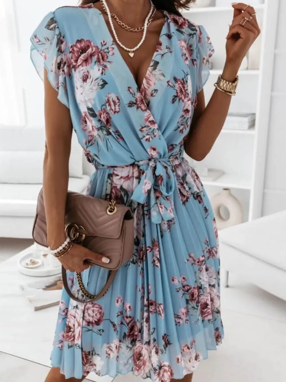 Floral Surplice Ruffled Cap Sleeve Dress, image 11