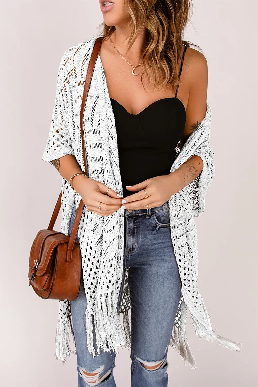 Openwork Open Front Cardigan with Fringes, image 15