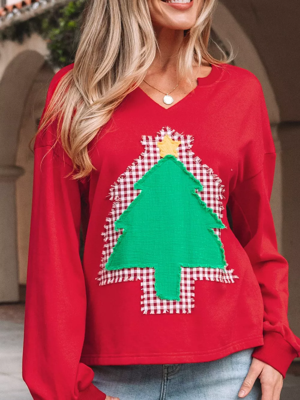 Plaid Frayed Double Christmas Tree Patched Drop Shoulder Sweatshirt, image 3