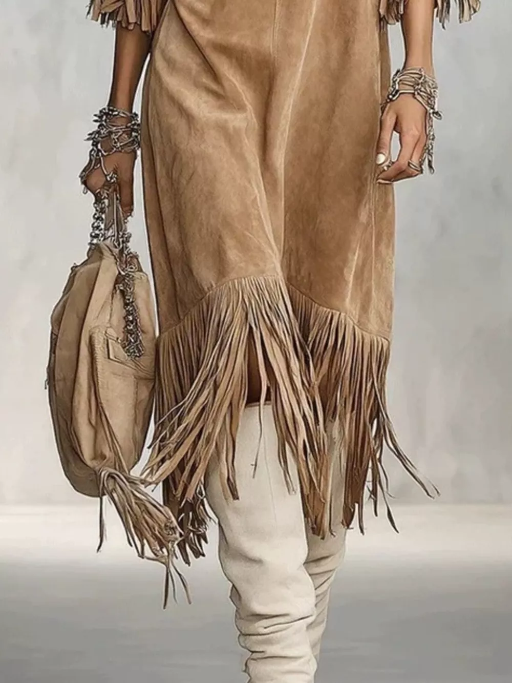 Fringed Round Neck Midi Dress, image 3