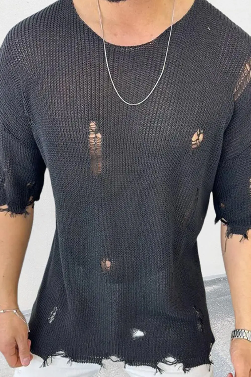 Men's Distressed Round Neck Knit Top, image 6