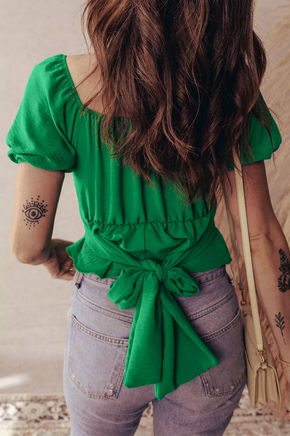 Solid Color Ruched Crossed Waist Tied Back Short Sleeve Peplum Top, image 2