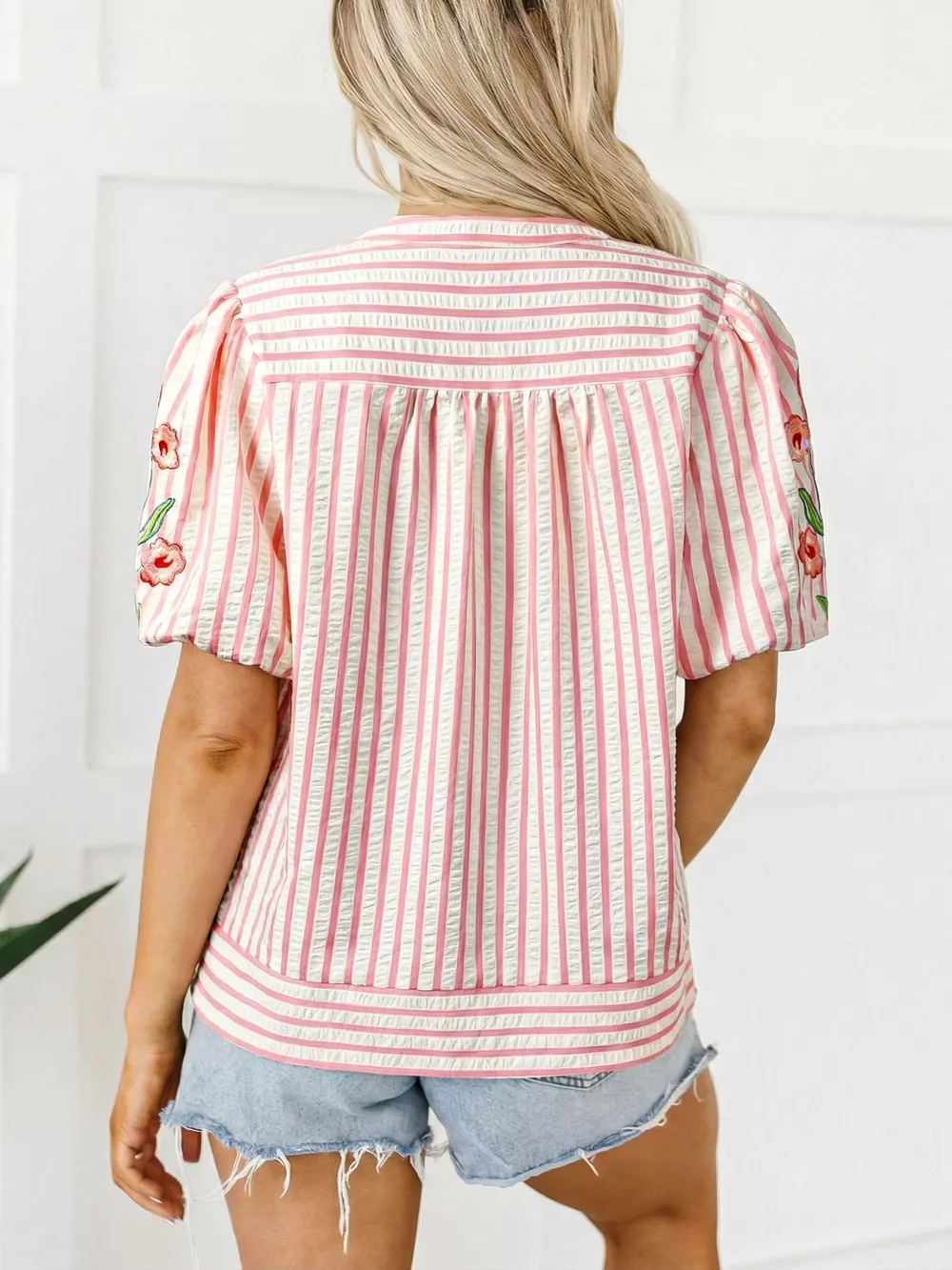 Stripe Print Floral Embroidered Puff Sleeve V Neck Blouse, image 2