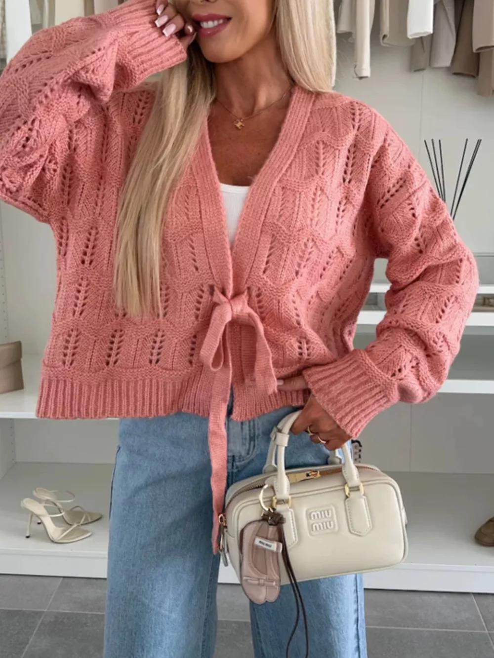 Tie-Front Openwork Cardigan, image 11