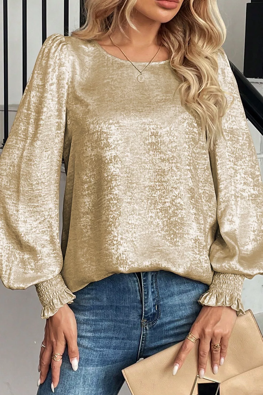Round Neck Lantern Sleeve Blouse, image 3