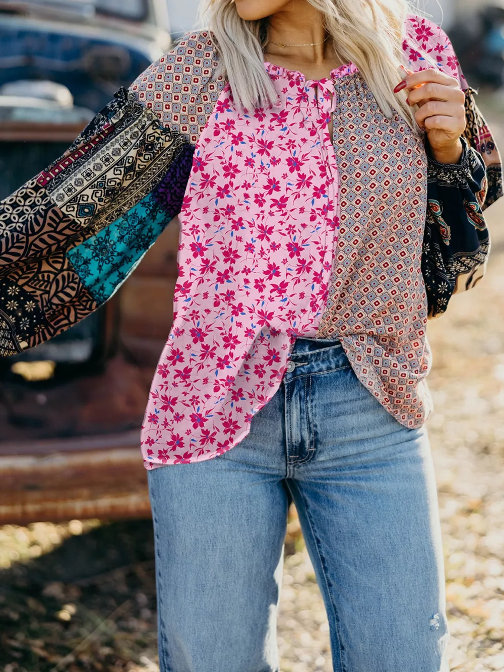 Boho Mixed Floral Drop Shoulder Bubble Sleeve Blouse, image 3