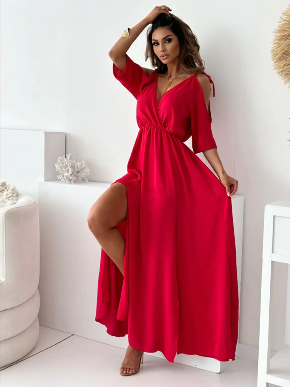 Tied Shoulder Slit Maxi Dress, image 6