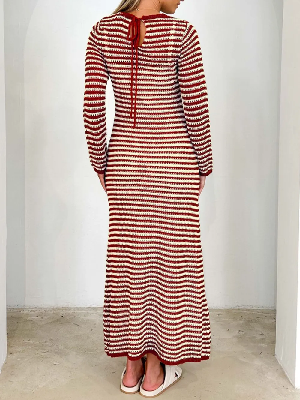 Tied Round Neck Striped Sweater Dress, image 13