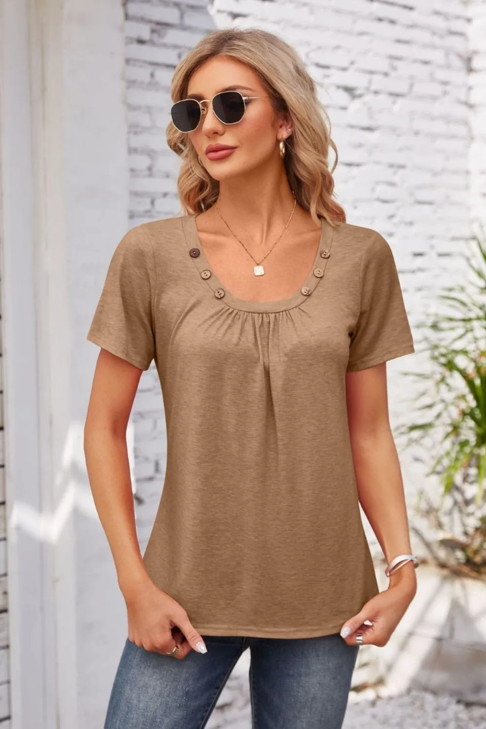 Decorative Button Scoop Neck T-Shirt, image 18