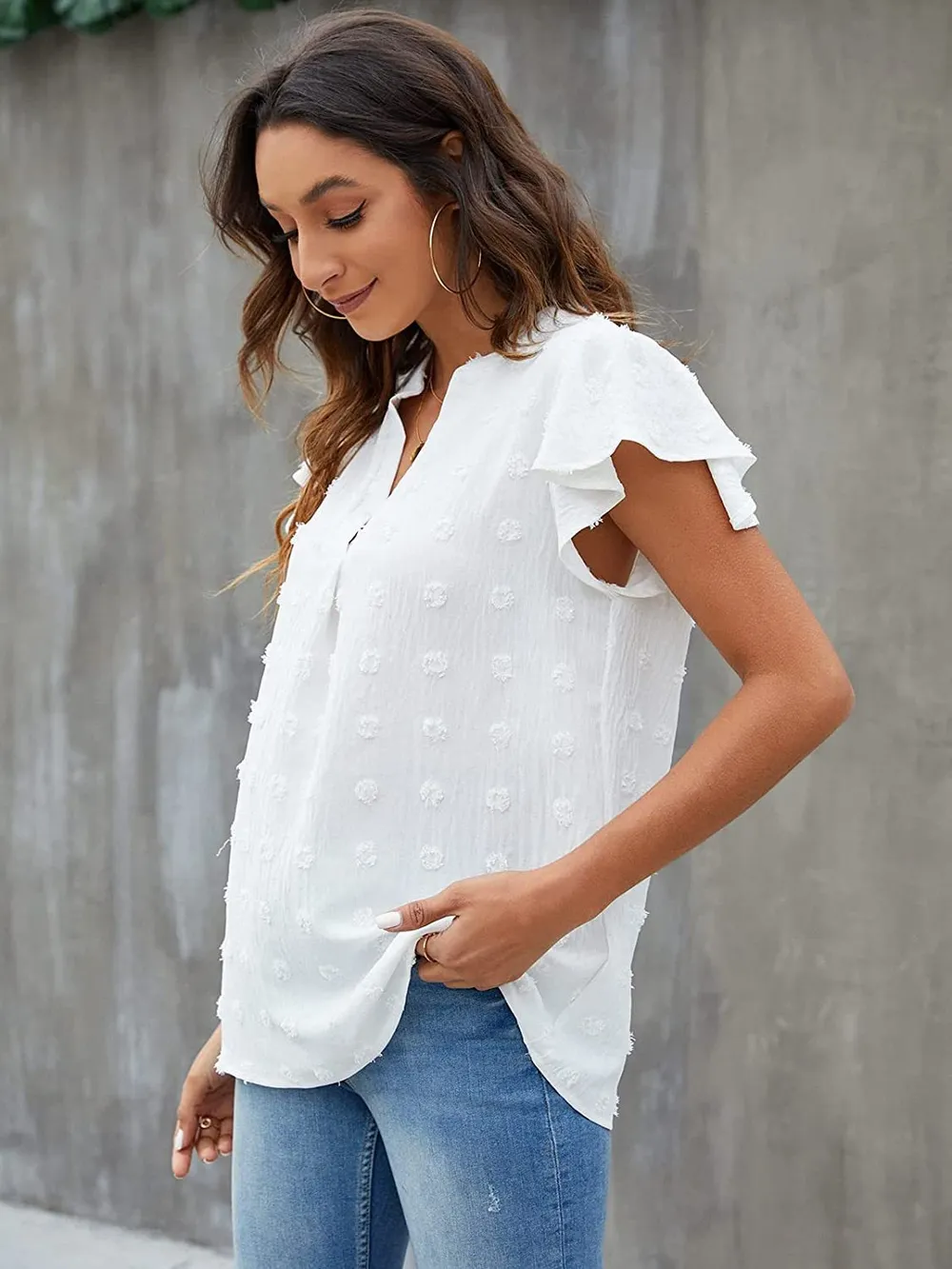 Swiss Dot Notched Flutter Sleeve Blouse, image 20