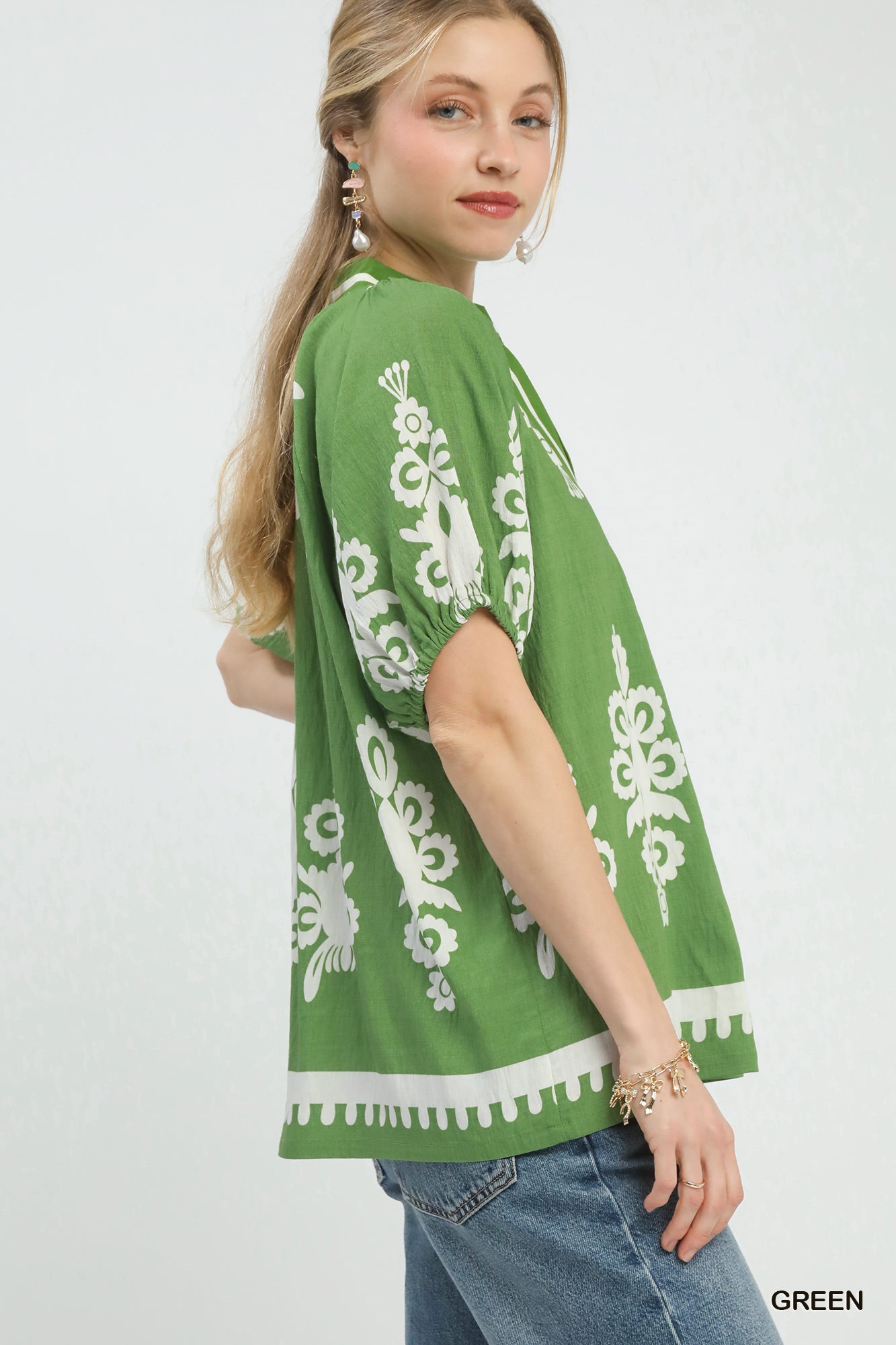 Boho Print Split-Neck Short Sleeve Top, image 2