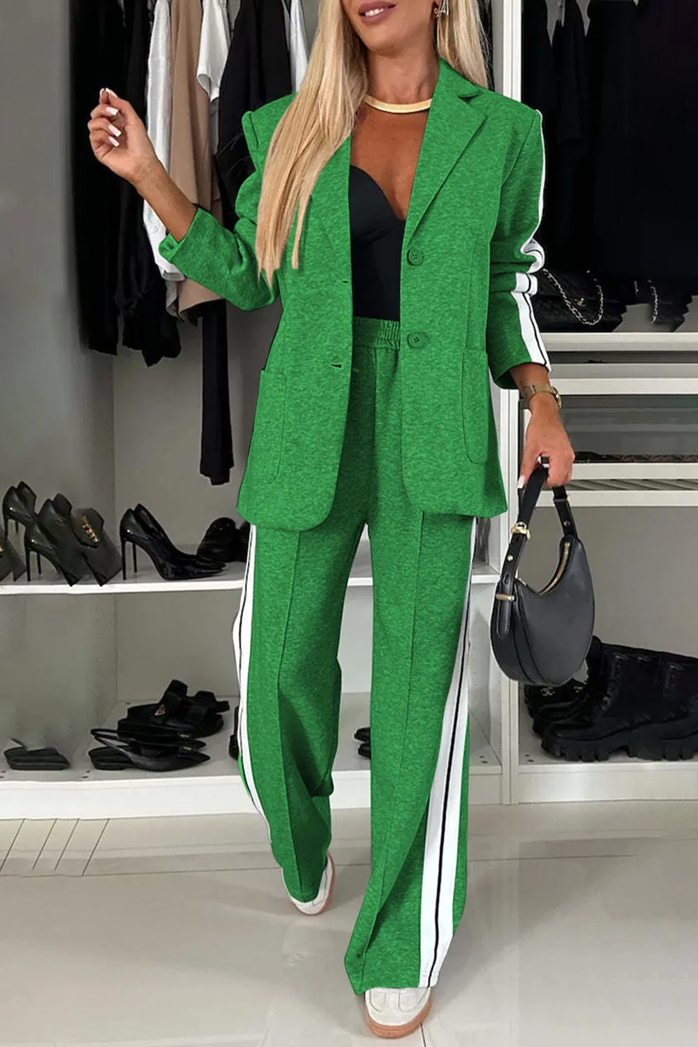 Full Size Contrast Lapel Collar Top and Pants Set, image 16