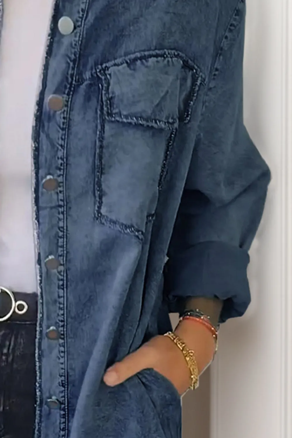Full Size Pocketed Button Up Long Sleeve Denim Jacket, image 7