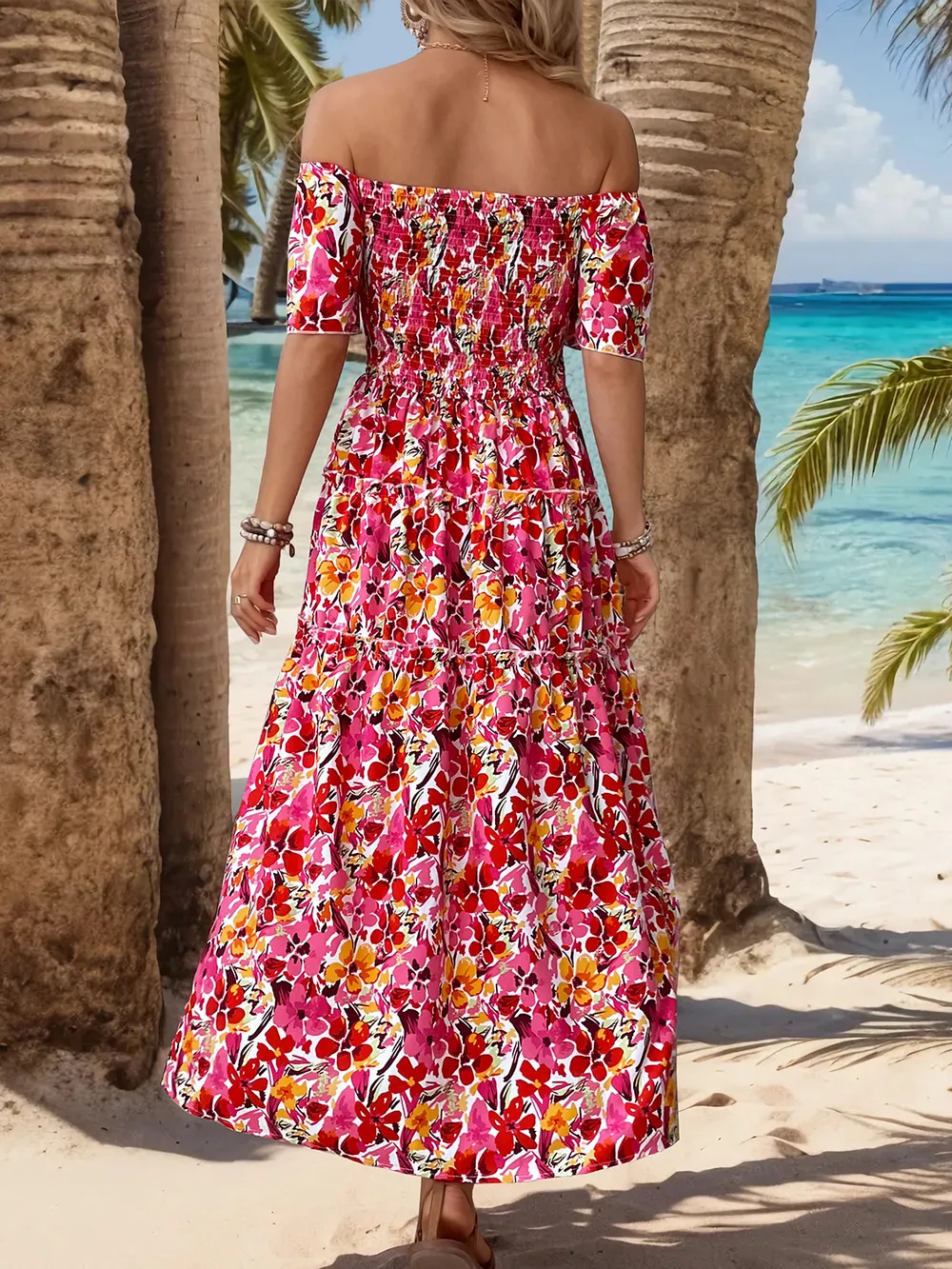 Slit Floral Off-Shoulder Short Sleeve Dress, image 4