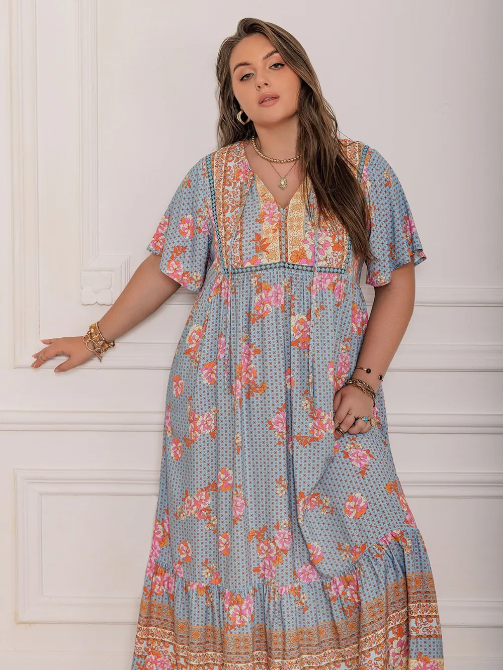 Plus Size Printed Tie Neck Flutter Sleeve Maxi Dress, image 6