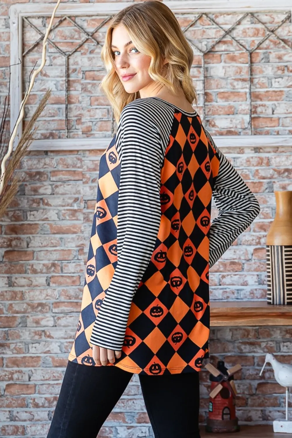 Full Size Checkered Contrast Striped Long Sleeve T-Shirt, image 2
