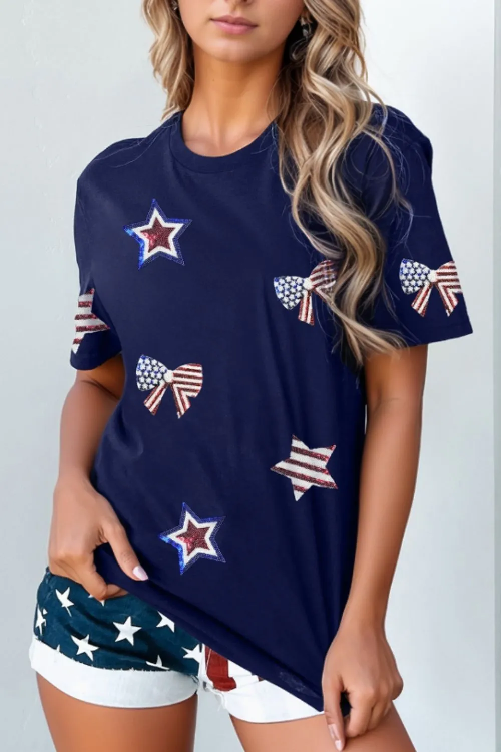 Sequin Star Round Neck Short Sleeve T-Shirt, image 3