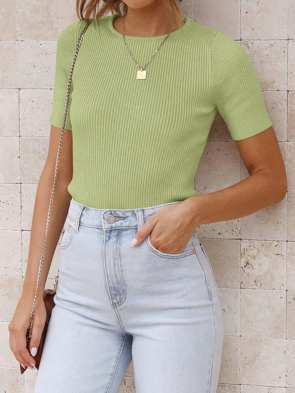 Ribbed Round Neck Short Sleeve Knit Top, image 11