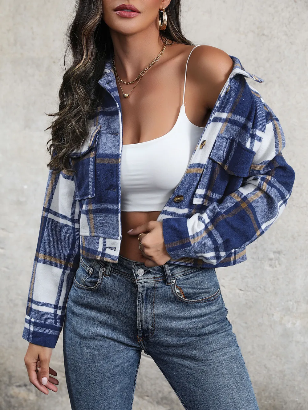 Plaid Button Up Drop Shoulder Cropped Jacket, image 14